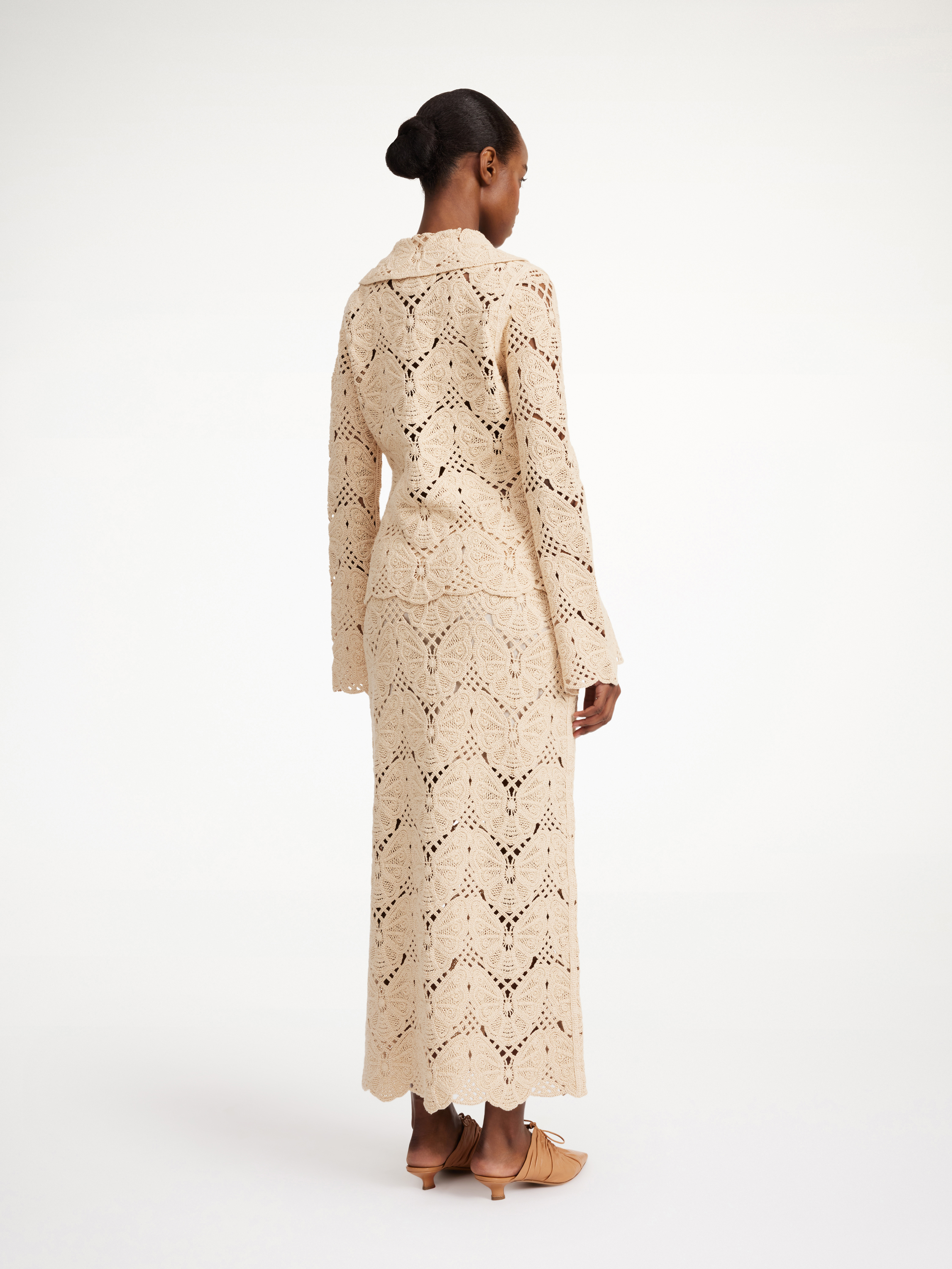By Malene Birger Cantala Straight Side-slit Crochet Midi Skirt In Oyster Gray