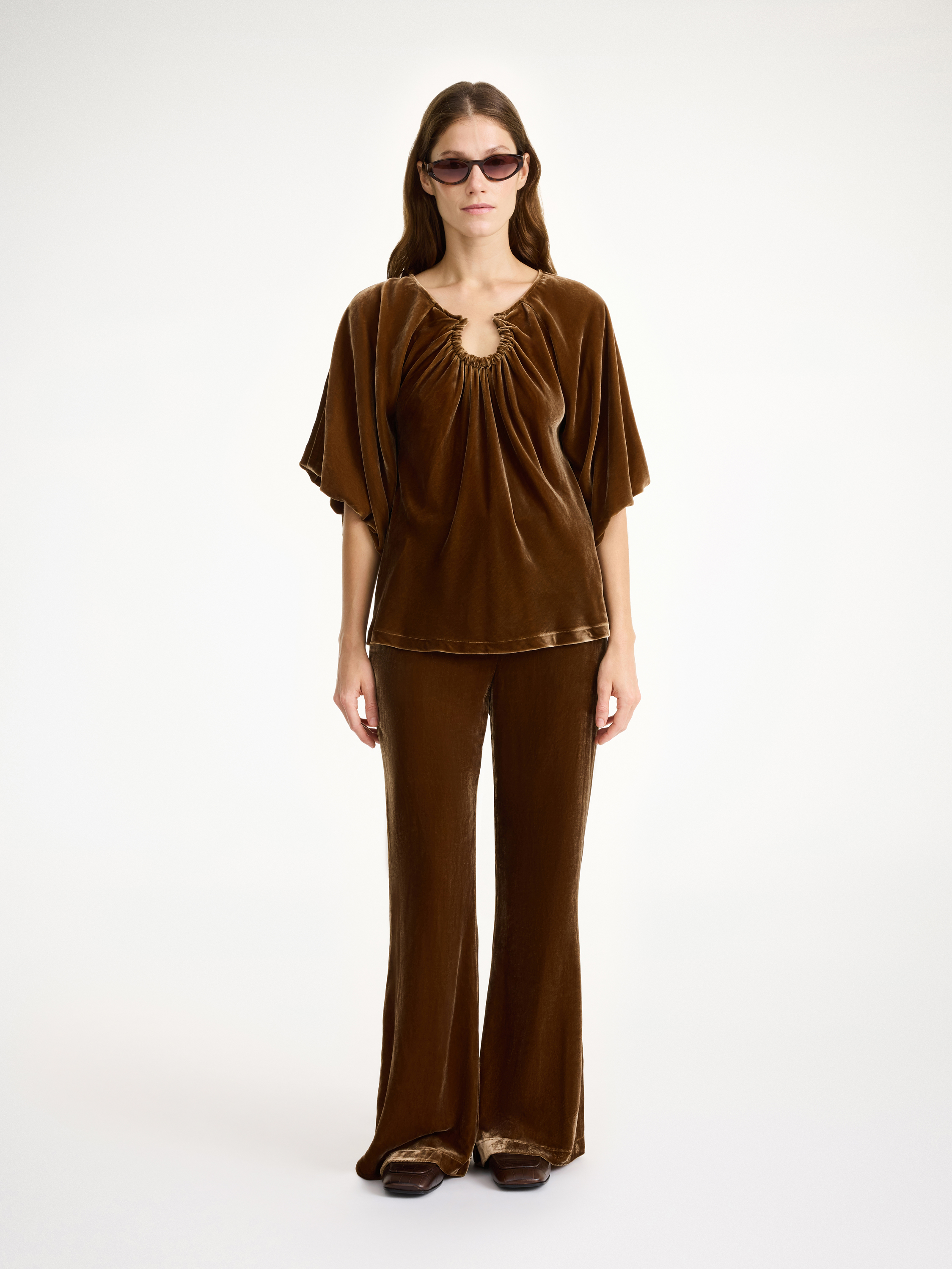 By Malene Birger Velvet Keyhole Neck Relaxed Fit Top In Bison