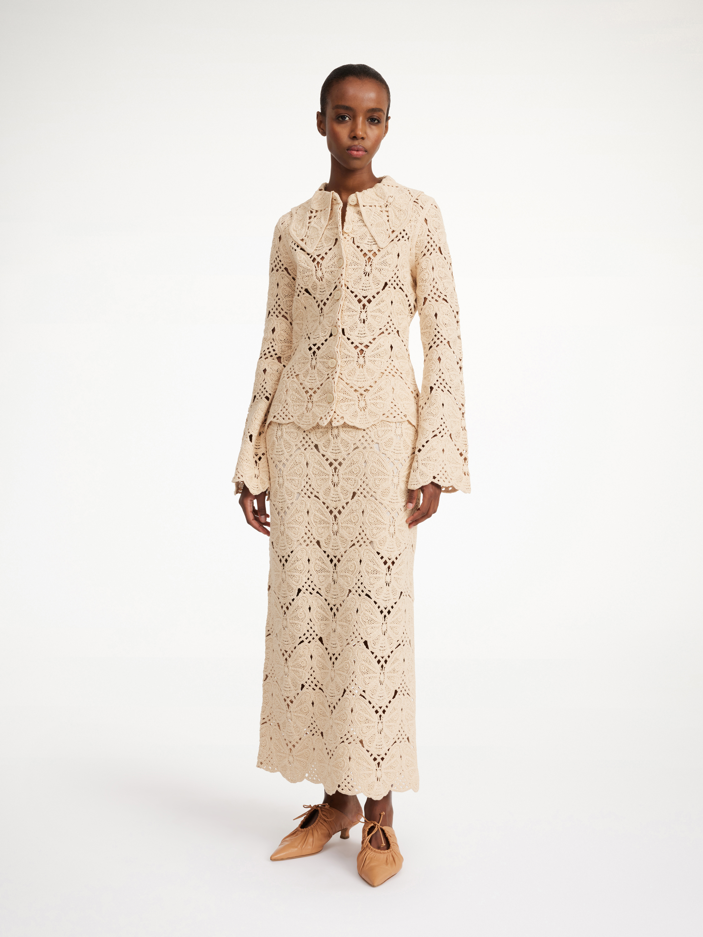 By Malene Birger Cantala Straight Side-slit Crochet Midi Skirt In Oyster Gray